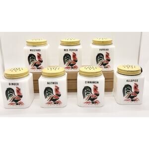 Vtg 7 Piece Tipp City Rooster Spice Jar Set White Glass Yellow Cap USA 1930s